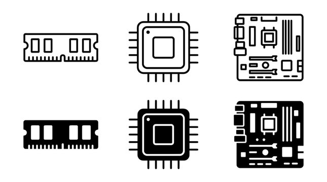 Computer hardware components icon set representing motherboard central processing unit and memory modules