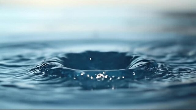 Water droplet creating splash in a serene blue background