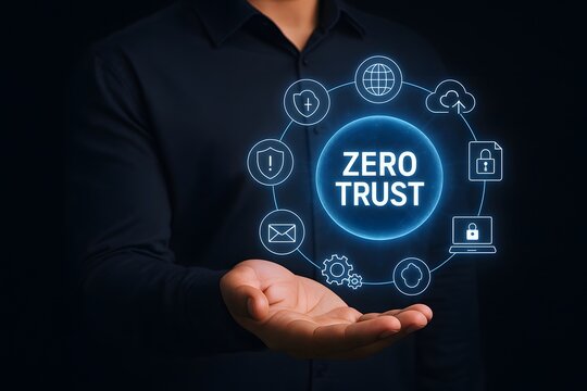 Businessman holding a digital zero trust security interface with glowing network icons for cyber protection concept