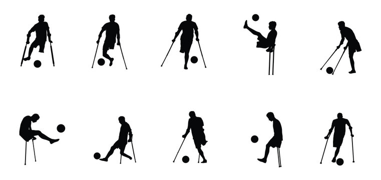 Disabled football player silhouette set, amputee soccer athletes playing with crutches vector illustration