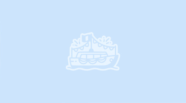 Cartoon boat sailing on water with festive flags and confetti, bright blue background