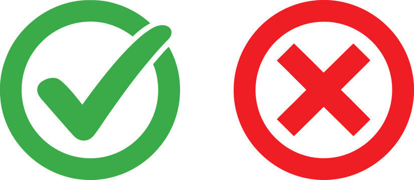 Green check mark and red cross sign icons for true or false choice and survey feedback validation design elements Vector