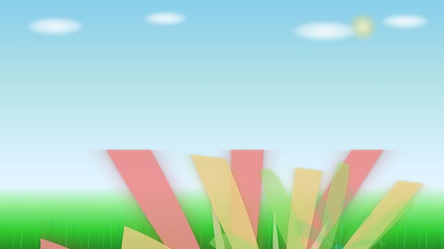 A serene landscape featuring a bright blue sky and vibrant green meadow