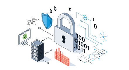 Cybersecurity Concept: Digital Lock, Server, Firewall, Data Protection © bagio