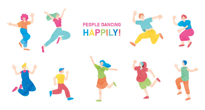 楽しく踊る人々のカラフルなフラットイラストセット