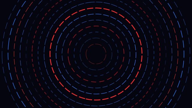 Concentric rings of red and blue light dashes on a dark background