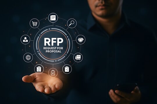 Professional man holding a digital request for proposal interface with business icons and project planning tools