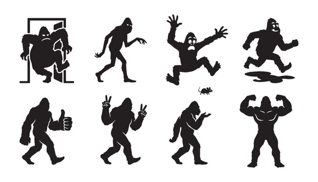 Funny Bigfoot Silhouette Set Vector