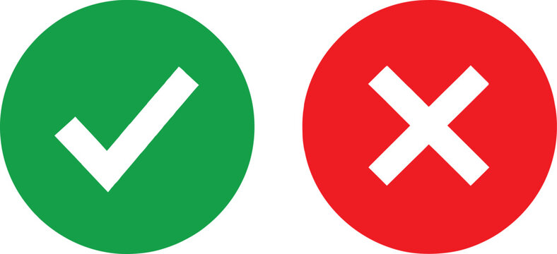 Green check mark and red cross sign icons for true or false choice and survey feedback validation Vector