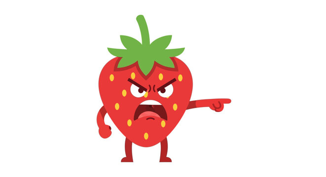 Angry Strawberry Character Pointing Finger, Cartoon Fruit Emotion Illustration