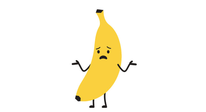 Confused banana character shrugging shoulders isolated on white background