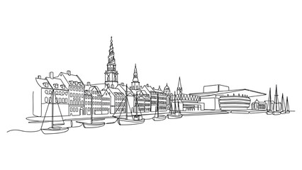 Fototapeta premium City skyline with boats and buildings.