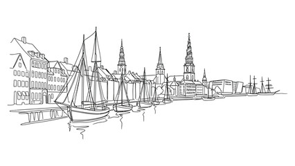 Fototapeta premium Black and white illustration of a harbor with sailboats and city skyline.