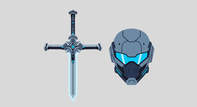 Flat Vector Cosplay Costume Props Sword And Helmet
