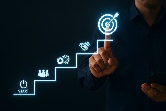 Business professional touching a glowing staircase progress chart with target icon for success and growth