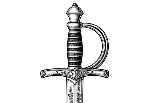 Detailed engraving of a decorative broadsword handle and guard.
