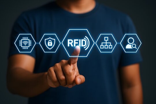 Close up of a man touching an interactive digital screen displaying rfid technology icons for secure data tracking.