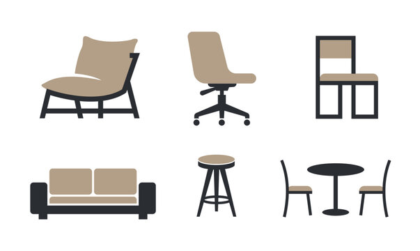 Collection of modern furniture icons with minimalist chair sofa stool and dining table illustrations for interior design home decor and office interface concepts