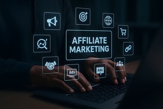 Digital marketing specialist using a laptop to manage affiliate marketing campaigns and partnership links