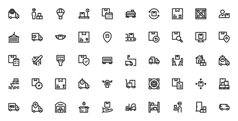 Logistics icon set. Vector illustration. Minimal icons pack. Featuring global, courier, delivery, shipping, truck, package, tracking, warehouse, drone, cargo and more. Editable stroke. © wang