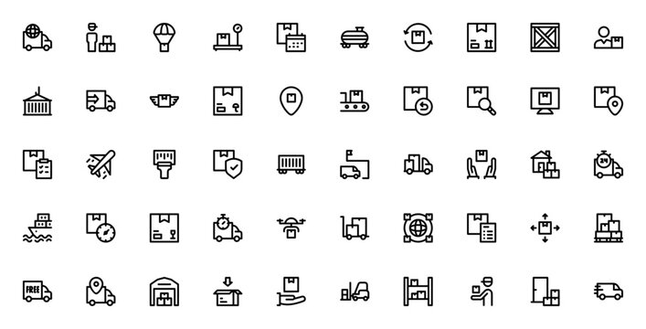 Logistics icon set. Vector illustration. Minimal icons pack. Featuring global, courier, delivery, shipping, truck, package, tracking, warehouse, drone, cargo and more. Editable stroke.
