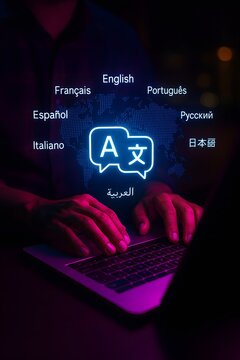 Multilingual communication concept with person using laptop and holographic world map with language translations