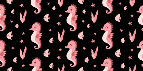 Cute ocean seamless pattern with pink sea​​horse, fish, starfish and seaweeds. Cartoon sea background. Nautical repeat design. Girly vector illustration. © JulzaArt
