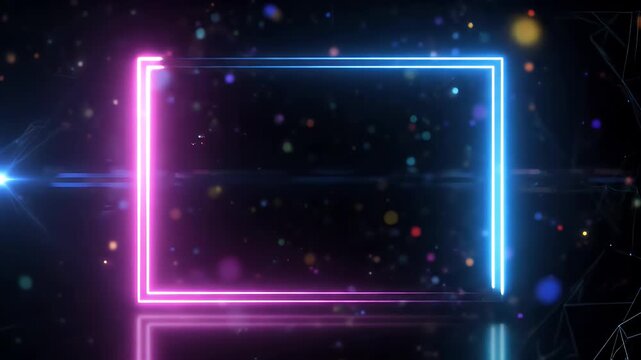 A vibrant neon frame glows against a dark, speckled background, creating a futuristic and dynamic visual effect with reflections on a glossy surface.