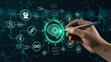Fototapeta premium Artificial Intelligence, Machine Learning, AI Brain, Deep Learning, Data Science, Neural Network, Technology with a hand interacting with a futuristic interface of digital brain and logic.