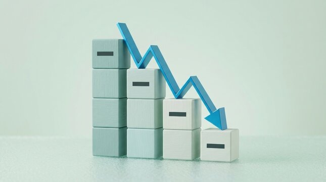Recession, Economic decline, Bear market, Financial loss, Business failure, Stock market crash, Inflation concept with blue arrow and wooden blocks representing negative growth.
