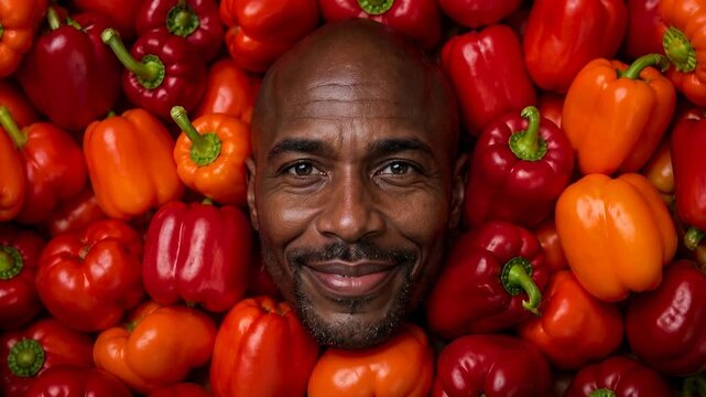 Man's face emerges from a vibrant pile of red and orange bell peppers. A close-up view shows a smiling man's face peeking out from a colorful abundance of fresh bell peppers