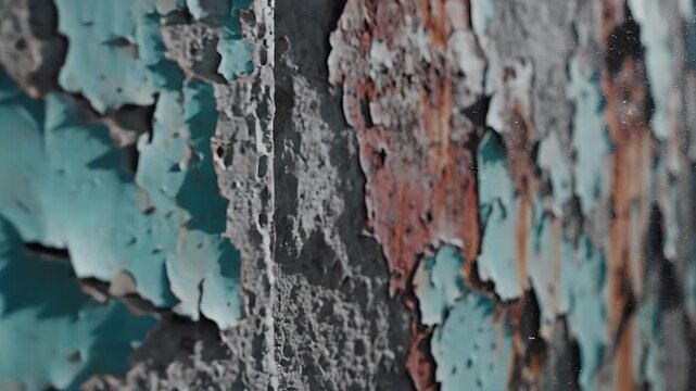 A close-up shot reveals a weathered surface with peeling paint, showcasing a textured pattern of rust and faded blue hues.