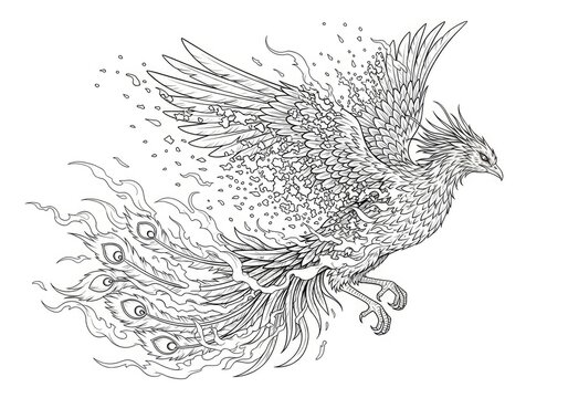 Detailed phoenix bird in flight with intricate patterns.