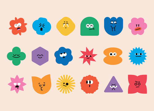 Large collection of abstract geometric character shapes with diverse emotions