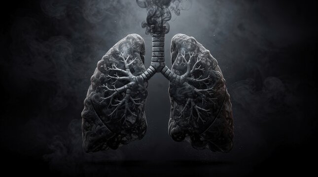Dark, smoky lungs with intricate bronchial structures symbolize respiratory health and damage, highlighting the effects of smoking or pollution.