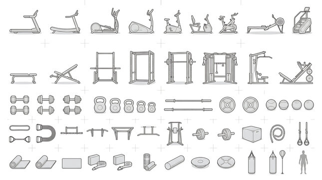  Home Gym and Fitness Equipment Vector Icon Set &ndash; Minimalist Grid of Treadmills, Exercise Bikes, Benches, Weights, and Yoga Mats