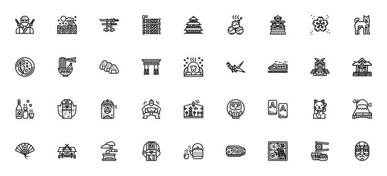 Japan icon set. Japanese cultural vector icons pack. Minimalist line art. Featuring ninja, samurai, sushi, Mount Fuji, cherry blossom, Shinkansen, ramen, origami and more.