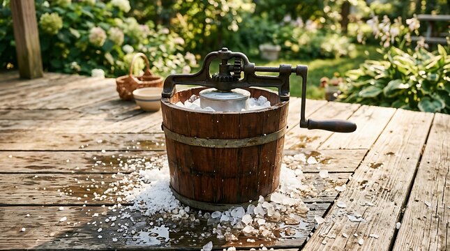 Vintage wooden hand-cranked ice cream maker with rock salt and ice on a rustic outdoor deck