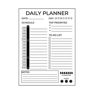 Daily Planner Template with Schedule Priorities To Do List Notes Hydration and Mood Tracker Design