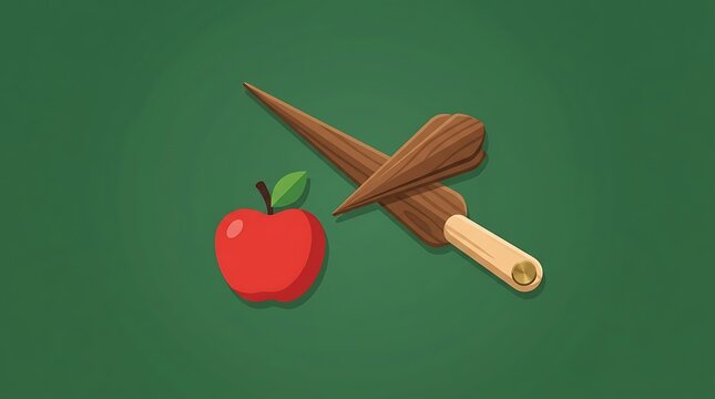 Minimalist 2D illustration of a red apple and a wooden stake over a dark green background