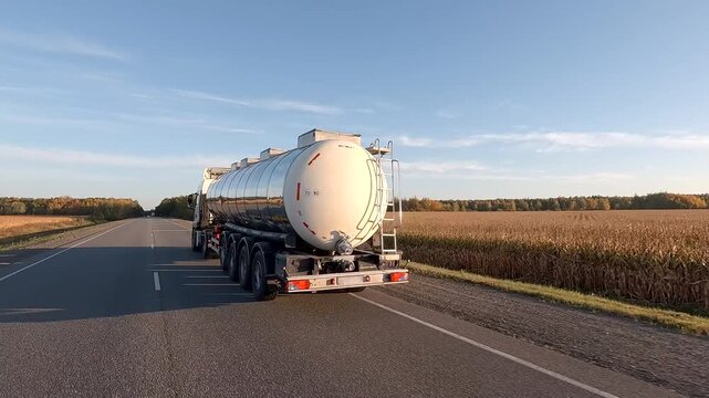 Fuel truck with chromed tanker driving along road in countryside