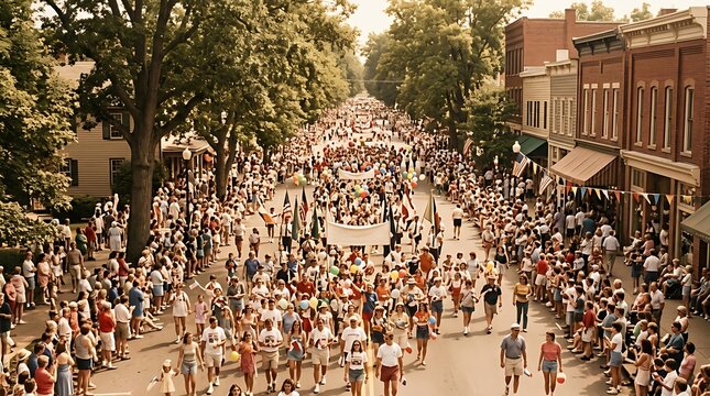 Vintage style parade with crowds of people and flags walking down a tree-lined main street in a small town.