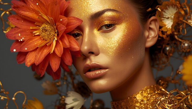 High Fashion gold model woman with bright golden sparkles on skin, fantasy flower, portrait of beautiful girl glowing make-up.