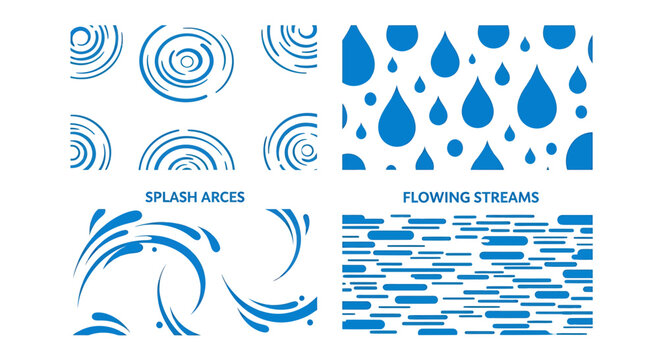 Water Droplet Icons, Splash Arces, Flowing Streams, Blue Vector Graphics