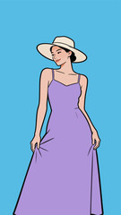 Fototapeta premium Elegant Retro Summer Woman in Purple Slip Dress and Sun Hat