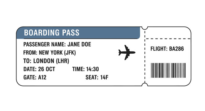 Boarding pass illustration featuring flight details and passenger information