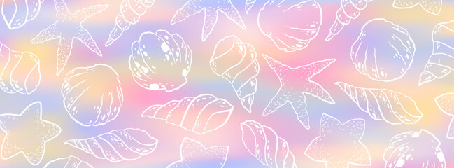 Fototapeta premium Vector summer illustration with hand drawn seashells pattern on colorful background. For beach-themed designs, nautical brand promotions, web banner, card print, poster, brochure, wallpaper
