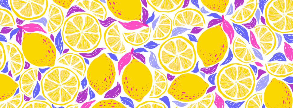 Vector vibrant pattern of yellow abstract lemons and leaves isolated on white background. Tropical colorful design template for card, web banner, print, cover. Fresh fruit summer illustration
