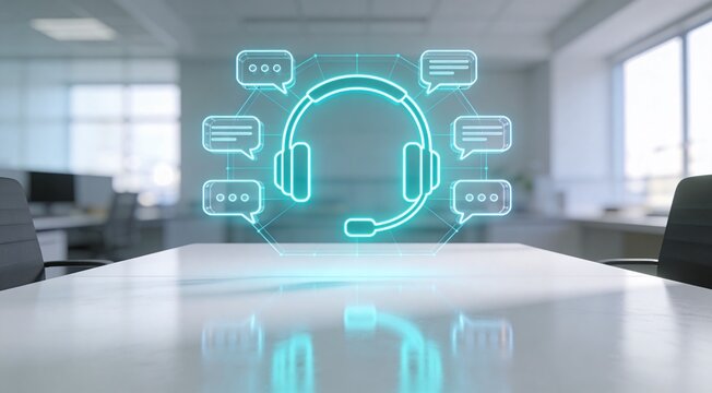 Helpdesk Ticketing System and Digital Assistance Management Concept Showing Glowing Virtual Communication Graphic on Professional Desk Surface