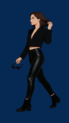 Fototapeta premium Stylish Female Model Walking in Modern Streetwear